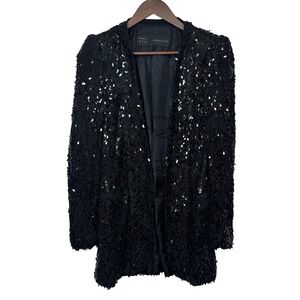Zara Basic Black Sequin Textured Blazer Jacket Open Front Pockets Size Medium